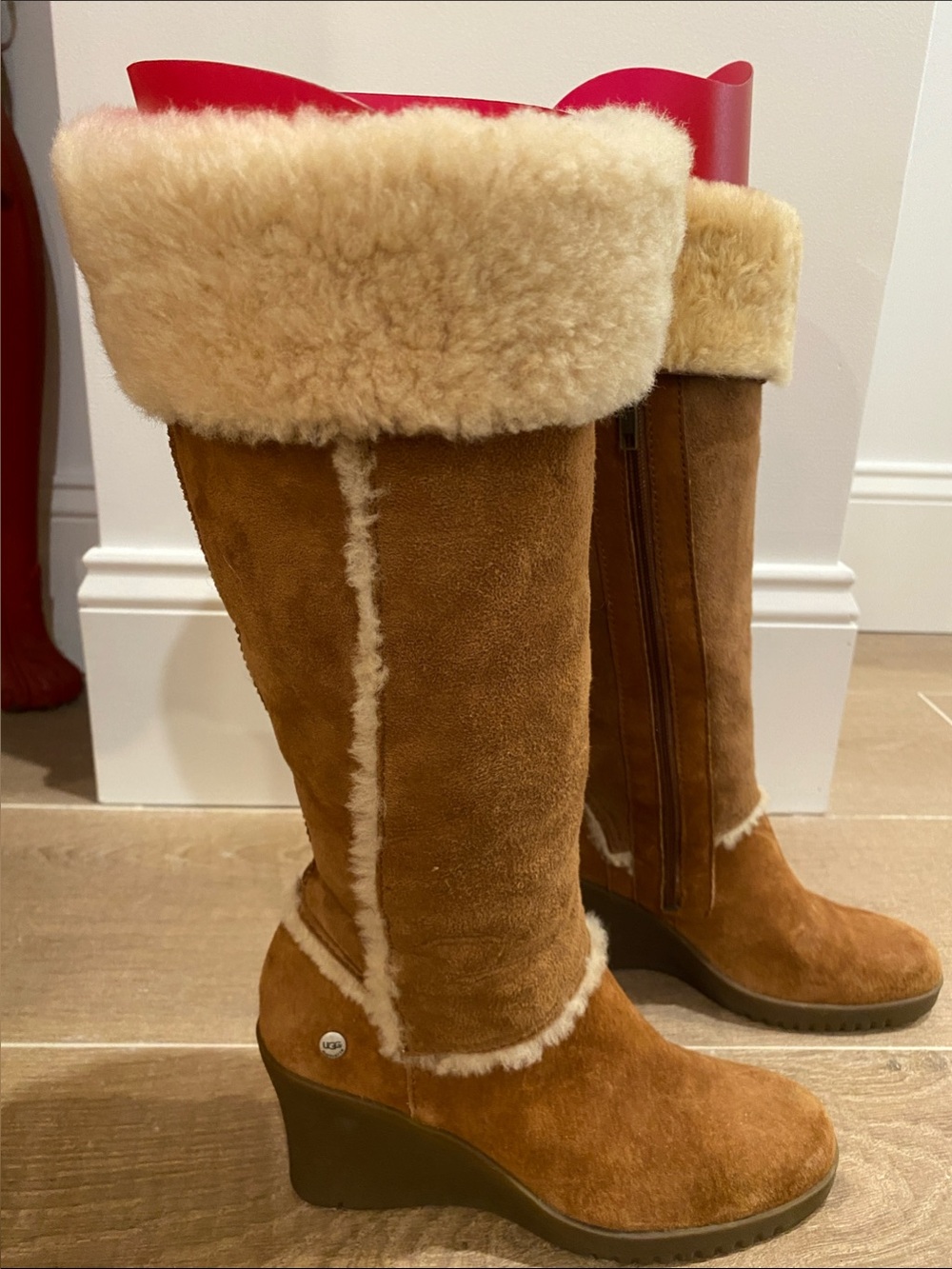 UGG Chestnut Suede Shearling Wedge Knee Boots
